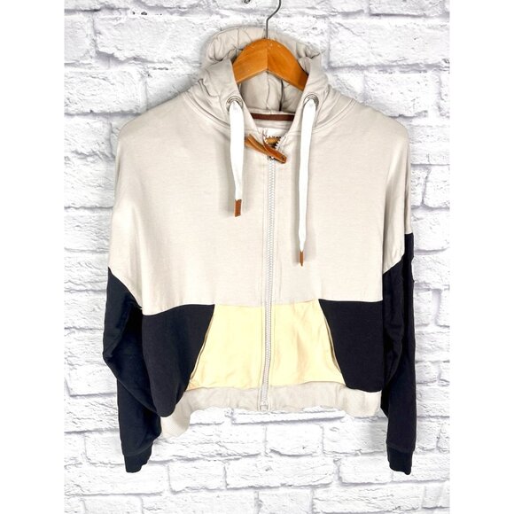 WANAKOME Women's Tan Black Hooded Full Zip Crop Sweatshirt Medium - Picture 1 of 5